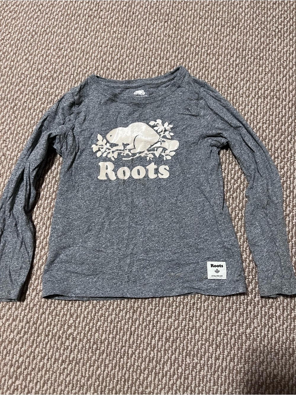 Kids size 5-6 Roots Grey Long-Sleeve Tee with Cream Beaver Logo